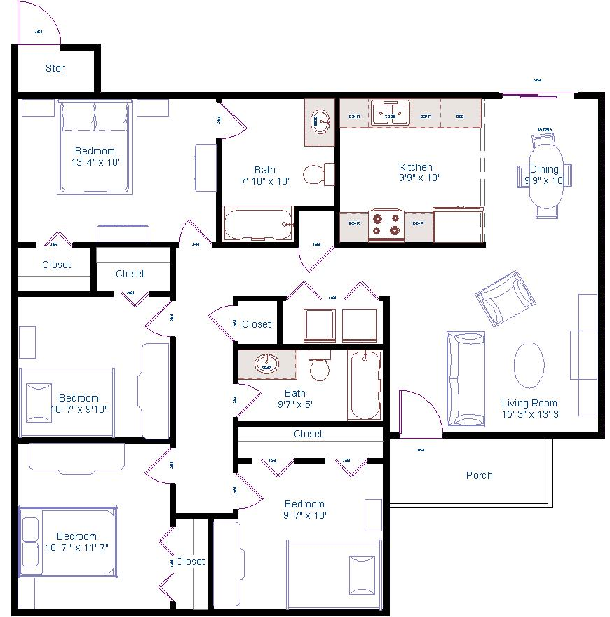 Floor plan for 4 beds, 2 baths, 1296 sqft